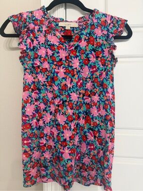 LOFT Pink Floral Cap-Sleeve Blouse with Red & Green Accents